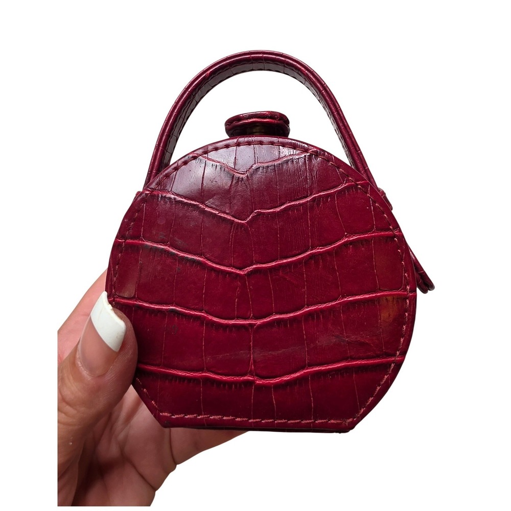 Vintage Burgundy Croc Embossed Round Jewelry Travel Case with‎ Mirror A5